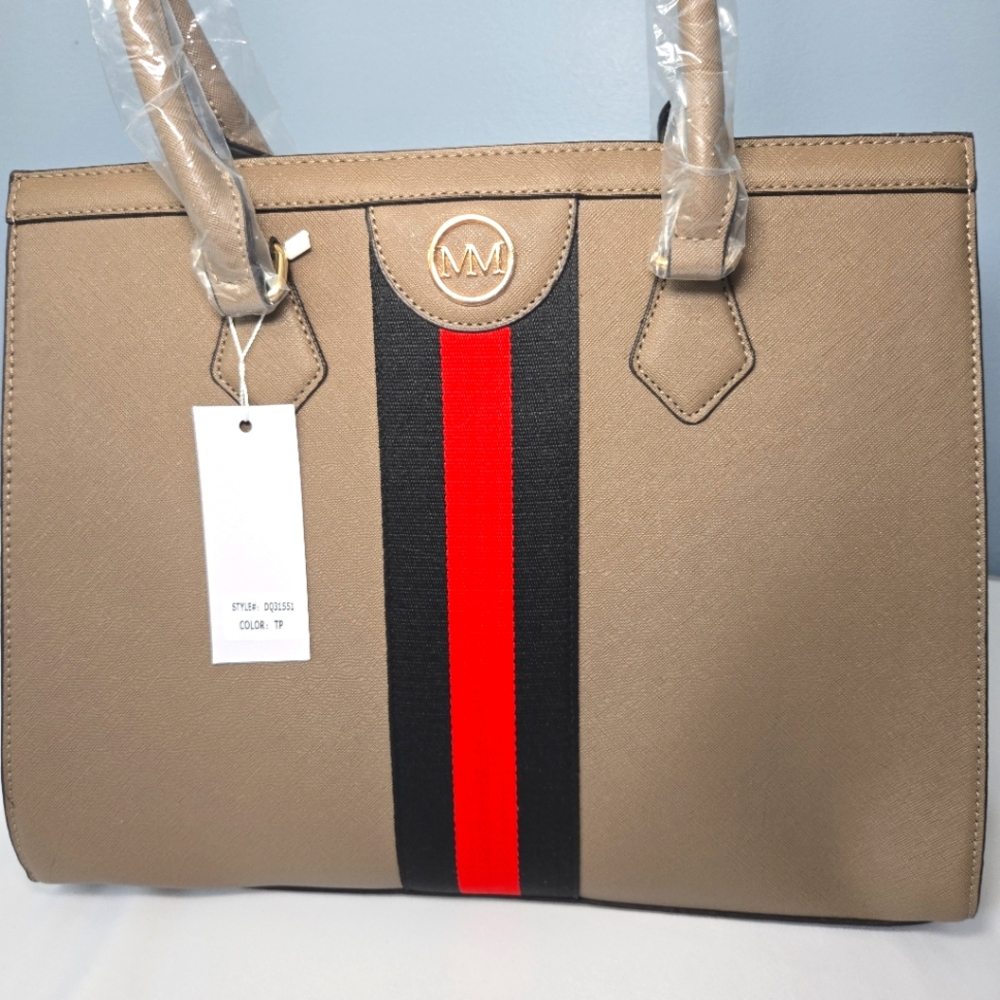 Marilyn Monroe Large Taupe With Red & Black Stripe Vegan Tote Bag Purse NWT